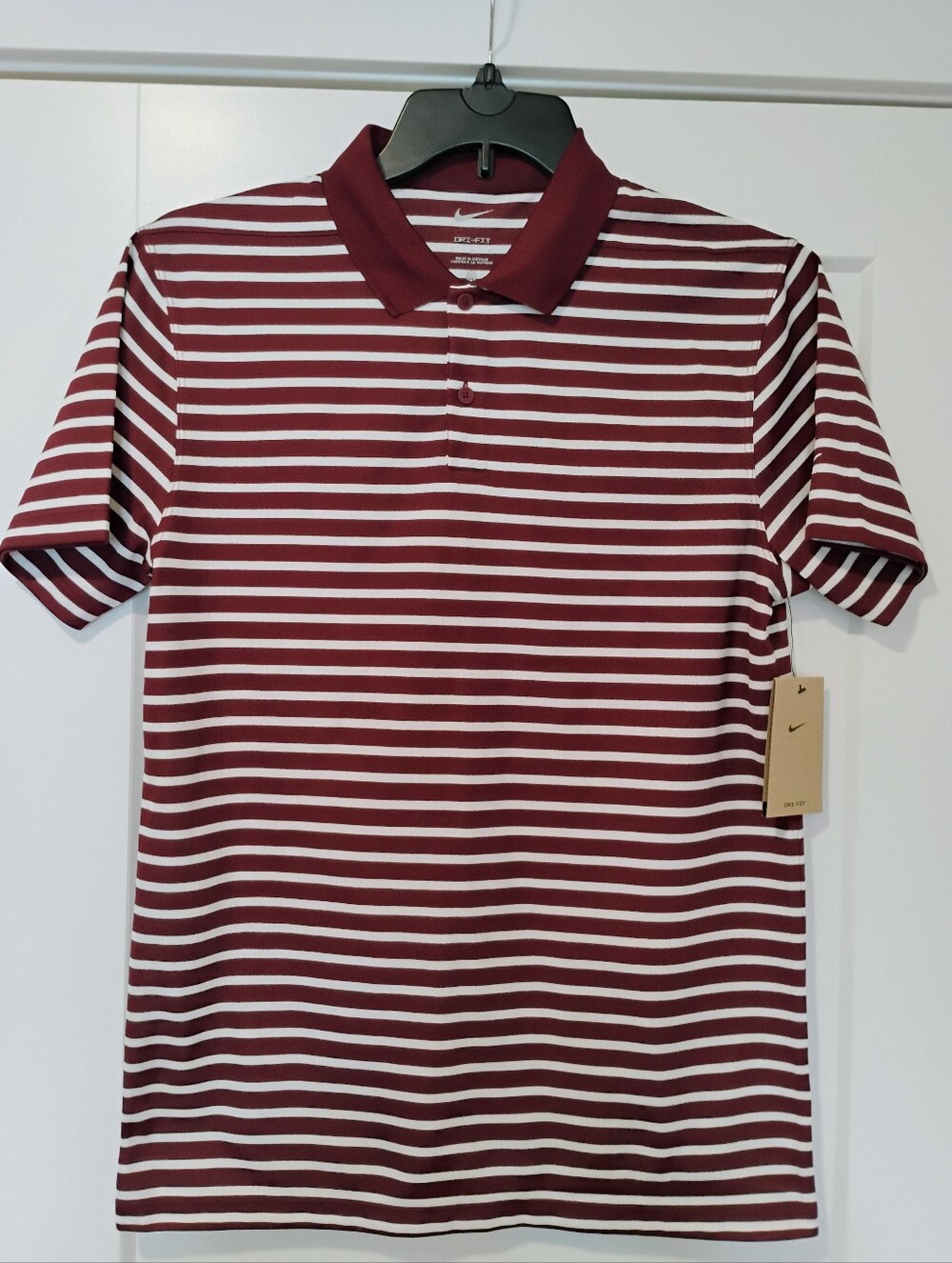 NWT S Nike Dri-Fit Men's Victory Stripe Pique Polo Shirt Maroon And White NEW